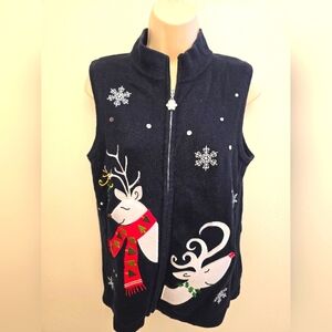 EUC RQT Black Cardigan Vest With Reindeer